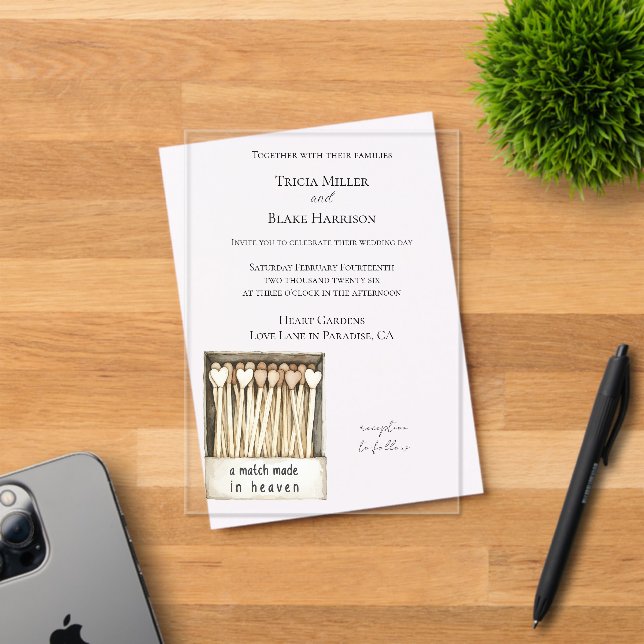 Invitaciones Acrílicas Hearts Match Made in Heaven Wedding   (Insitu (Tarjeta de Invitación))