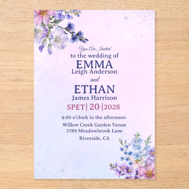 Invitaciones Acrílicas heather periwinkle plum lavender blue Wedding  (Anverso)