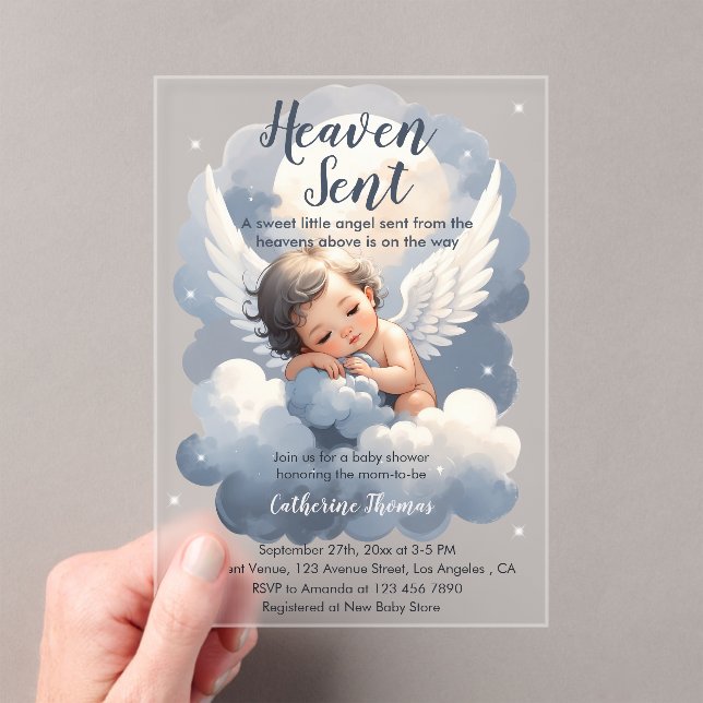 Invitaciones Acrílicas Heaven Sent Angel Baby In Clouds Baby Shower (Insitu (portátil))