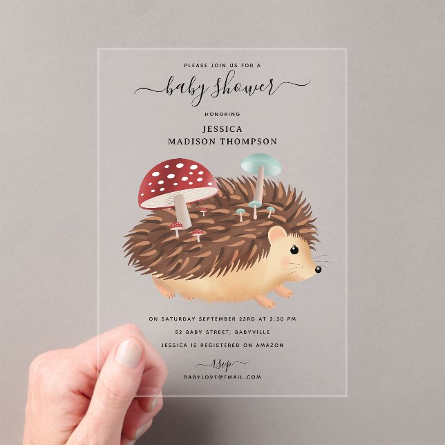 Invitaciones Acrílicas Hedgehog Mushroom Woodland Funny Baby Shower (Insitu (portátil))