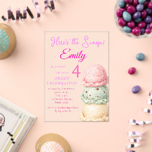 Invitaciones Acrílicas Helado Cumpleaños 4 Girl Rosa Acuarela