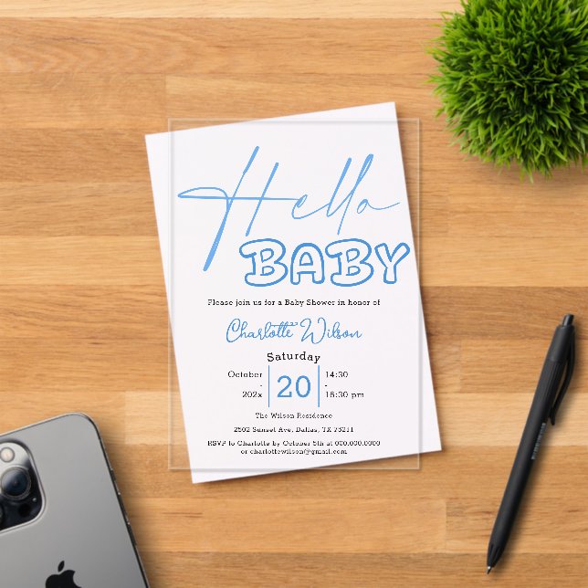 Invitaciones Acrílicas Hello Baby Elegant Blue Baby Shower (Insitu (Tarjeta de Invitación))