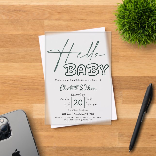 Invitaciones Acrílicas Hello Baby Elegant Dark Green Baby Shower (Insitu (Tarjeta de Invitación))
