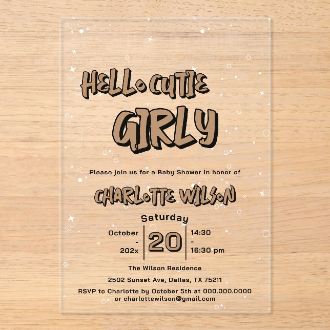 Invitaciones Acrílicas Hello Cutie Girly Cute Brown Gingham Baby Shower (Anverso)