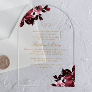 Invitaciones Acrílicas Hermosa floral de Borgoña formal Quinceañera
