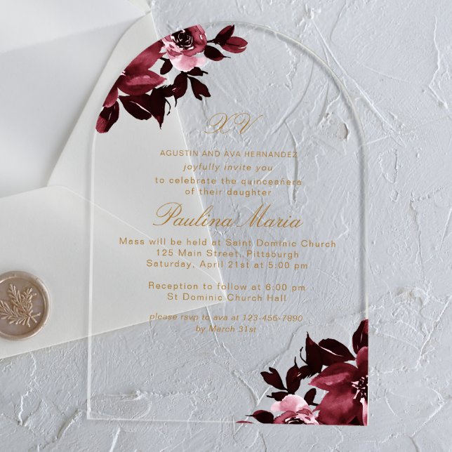 Invitaciones Acrílicas Hermosa floral de Borgoña formal Quinceañera (Subido por el creador)