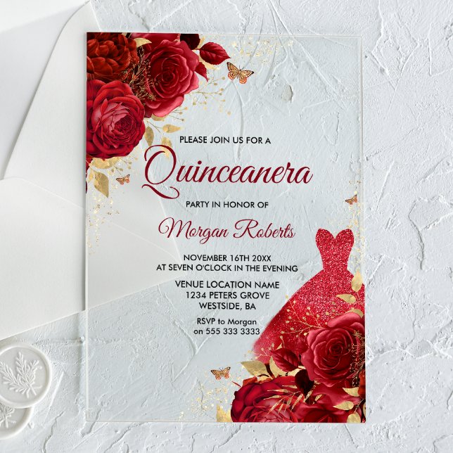 Invitaciones Acrílicas Hermosa vestimenta de rosas rojas rojas Quinceaner (Subido por el creador)