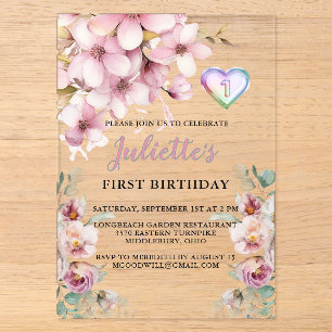 Invitaciones Acrílicas Hermosas Flores Acuarela Rosa Cumpleaños Uno