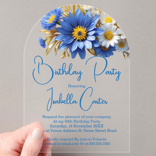 Invitaciones Acrílicas Hermosas flores azules blancas y doradas de cumple
