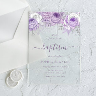 Invitaciones Acrílicas Hermosas flores lavanda moradas Bautizo de niñas