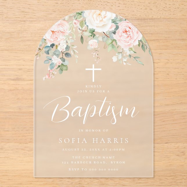 Invitaciones Acrílicas Hermosas Flores Rosadas Bautizo Niñas Bebé (Anverso)