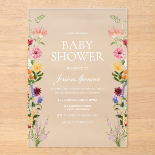 Invitaciones Acrílicas Hermosas Flores Silvestres Verano Primavera Baby S