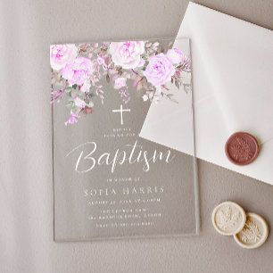 Invitaciones Acrílicas Hermoso Bautizo De Niña Lavanda Púrpura Violeta Be