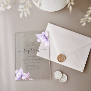 Invitaciones Acrílicas Hermoso Bautizo de Niñas con Florales Morados