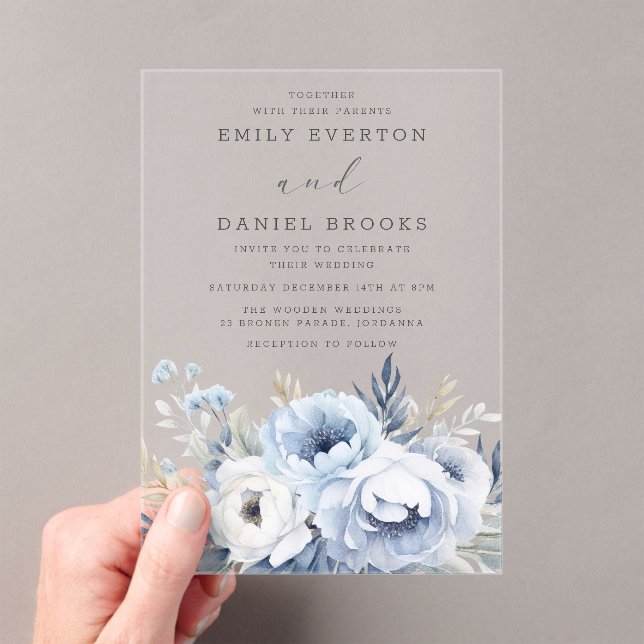 Invitaciones Acrílicas Hermoso Boda Dusty Blue Floral (Insitu (portátil))