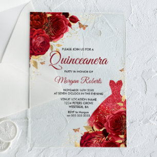 Invitaciones Acrílicas Hermoso vestido de quinceañera de rosas rojas bril