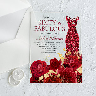 Invitaciones Acrílicas Hermoso vestido rojo Rosas Hoja de Oro Cumpleaños 