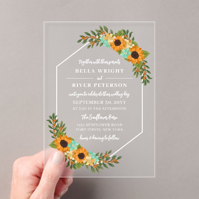 Invitaciones Acrílicas Hermosos girasoles Boda floral marco hexagonal (Insitu (portátil))