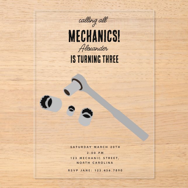 Invitaciones Acrílicas Herramientas mecánicas de automóviles para automóv (Anverso)