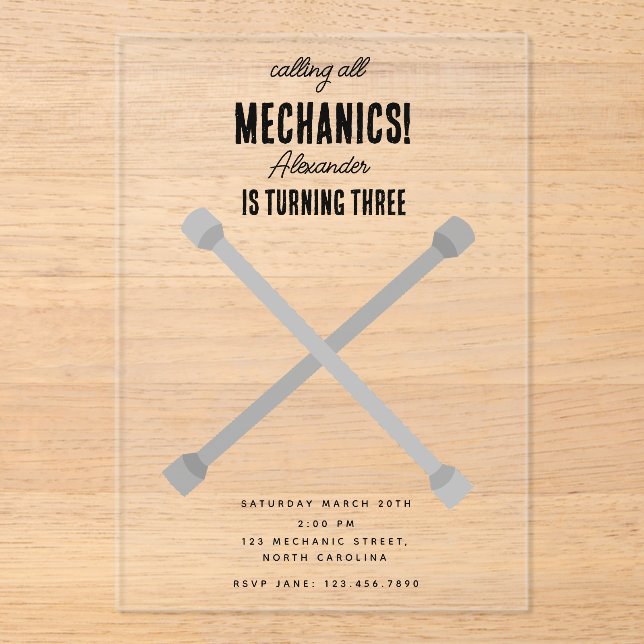 Invitaciones Acrílicas Herramientas mecánicas de automóviles para automóv (Anverso)