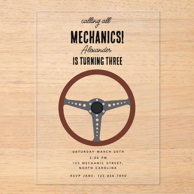 Invitaciones Acrílicas Herramientas mecánicas de automóviles para automóv (Anverso)