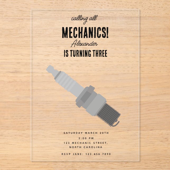 Invitaciones Acrílicas Herramientas mecánicas de automóviles para automóv (Anverso)