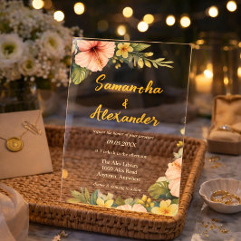 Invitaciones Acrílicas Hibisco de Rosa Tropical Floral