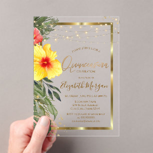 Invitaciones Acrílicas Hibisco Hoja de Palma,Luces,Madera,Quinceañera de