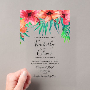 Invitaciones Acrílicas Hibisco tropical boda en la playa hawaiana