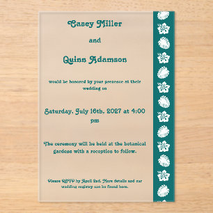 Invitaciones Acrílicas Hibisco Tropical en Acrílico Teal de Boda 