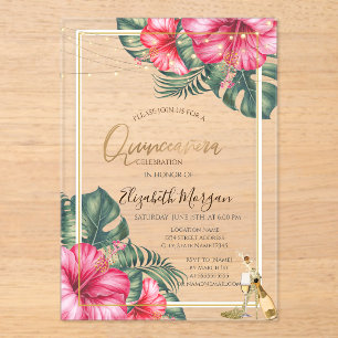 Invitaciones Acrílicas Hibiscus, Tacones Dorados con Brillo Quinceañera