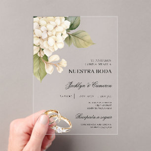 Invitaciones Acrílicas Hidrangea blanca con anillo Boda español