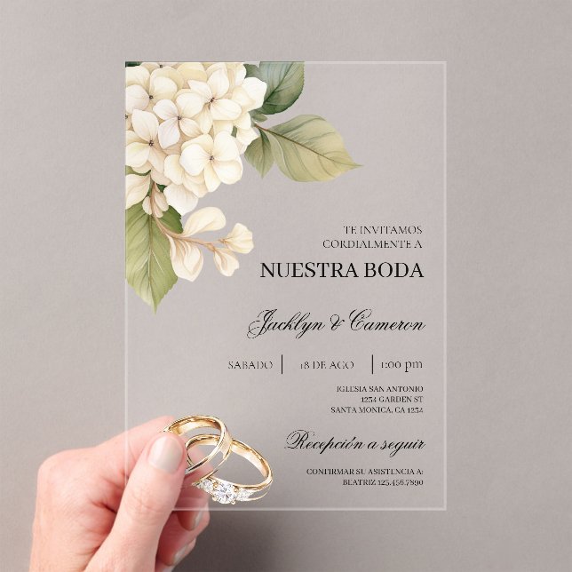 Invitaciones Acrílicas Hidrangea blanca con anillo Boda español (Insitu (portátil))