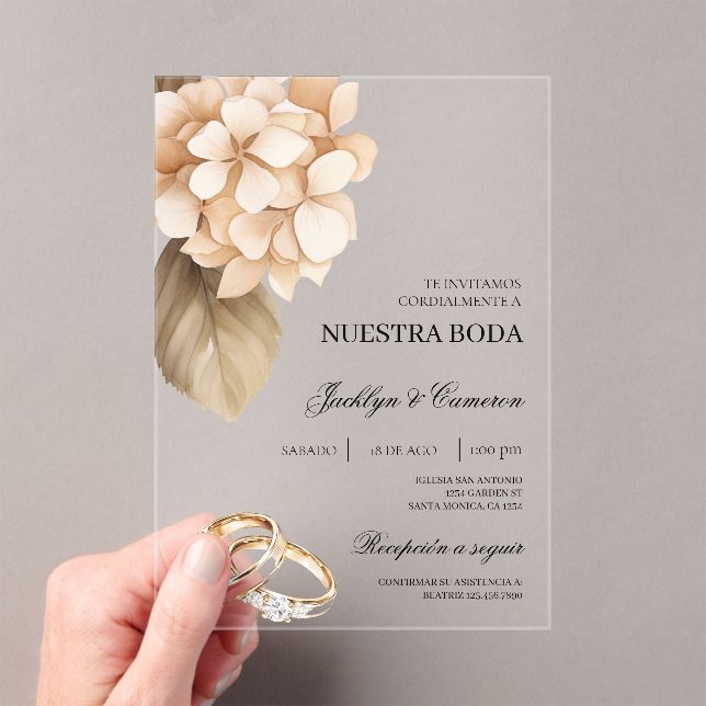 Invitaciones Acrílicas Hidrangea Rústica con Boda español en anillo (Insitu (portátil))