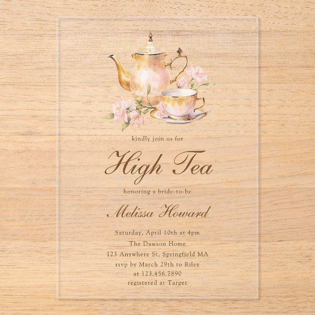 Invitaciones Acrílicas High Tea Pastel Gold Bridal Shower (Anverso)