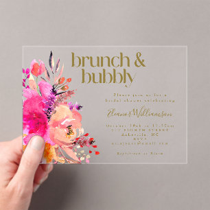 Invitaciones Acrílicas Hinchera floral dorada rosa ducha Brunch