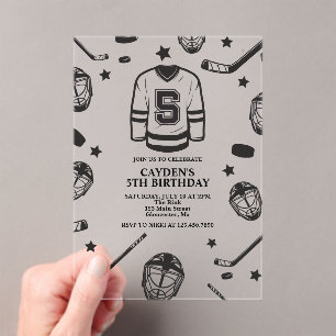 Invitaciones Acrílicas Hockey negro y blanco 5 cumpleaños
