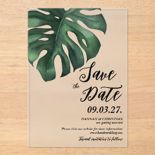 Invitaciones Acrílicas Hoja de Palma Tropical de Monstera Guardar la fech