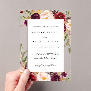 Invitaciones Acrílicas Hoja Floral Burgundy Verde Moderno Claro Boda