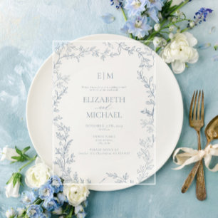 Invitaciones Acrílicas Hoja Polvo Azul Monograma Desayuno Brunch Post Bod