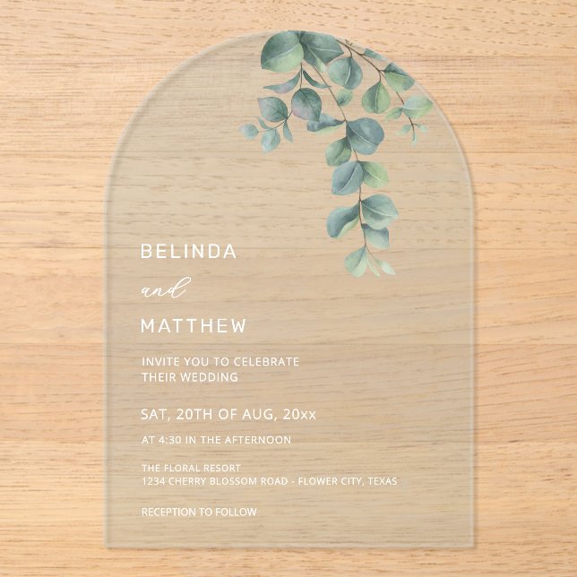 Invitaciones Acrílicas Hojas Acuarela Flores Arco Claro (Anverso)