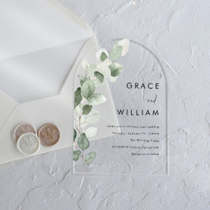Invitaciones Acrílicas Hojas de acuarela verde salvia boda moderna