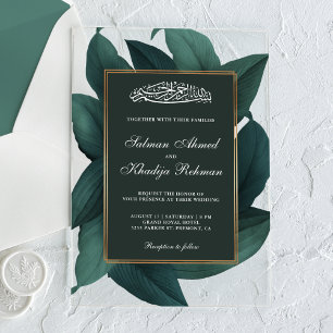 Invitaciones Acrílicas Hojas de color turquesa con borde dorado Boda Musu