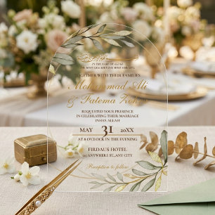 Invitaciones Acrílicas Hojas de Oro Elegancia Boda Musulmana Nikah