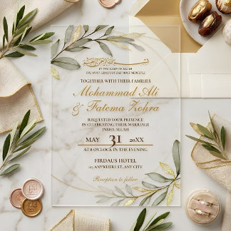 Invitaciones Acrílicas Hojas de Oro Elegancia Boda Musulmana Nikah