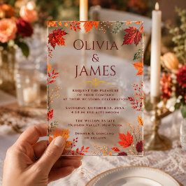 Invitaciones Acrílicas Hojas de otoño rústicas de color azul verdoso y na