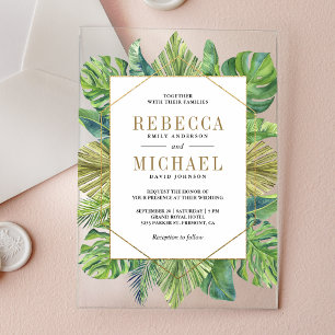 Invitaciones Acrílicas Hojas de Palma Tropicales Boda de Oro