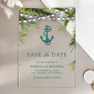 Invitaciones Acrílicas Hojas de Palma Verde Ancla Boda Salva la Fecha