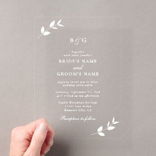 Invitaciones Acrílicas Hojas Transparentes Claras Monograma Elegante Boda