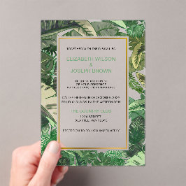 Invitaciones Acrílicas hojas tropicales boda botánico de color dorado